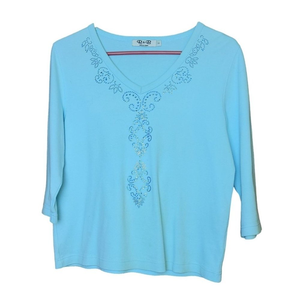 R&B Collection Blue Embellished Neckline Blouse Size S